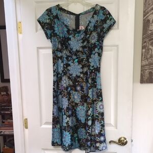 60s Floral Black and Blue Dress Size L